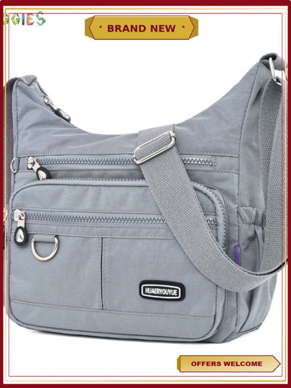 Waterproof Nylon Crossbody Bag Multi Zipper Pockets Lightweight Messenger Purse
